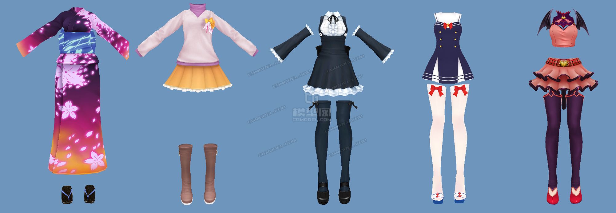 二次元女性角色萝莉模型(带五套衣服五套发型)