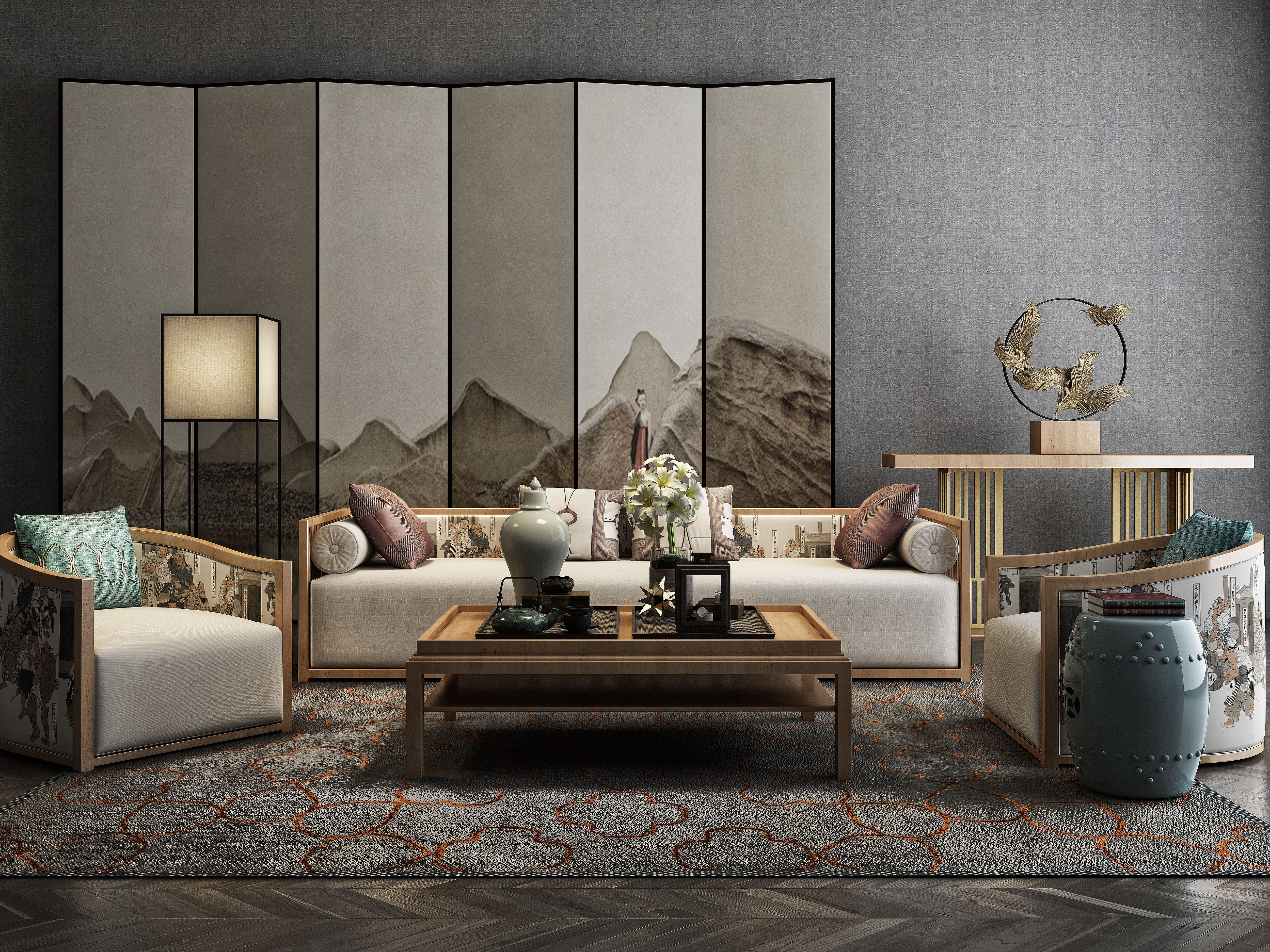 中式客厅 新中式客厅 中式背景 中式屏风 中式桌椅 中式软装 客厅背景