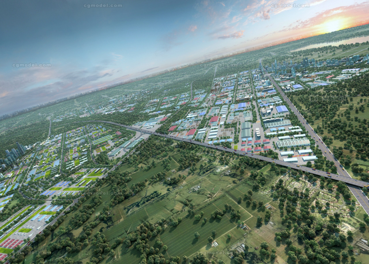 写实鸟瞰经济开发区完整场景cbd,居民住宅区,工厂厂房农田荒地郊区