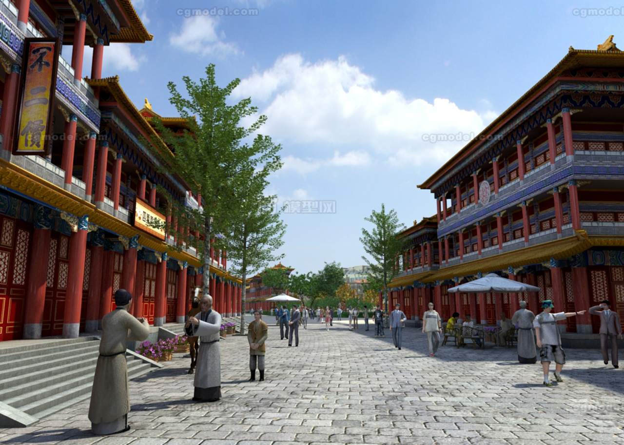 写实古代商业步行街,旅游风情一条街,古代建筑,药铺,餐馆完整场景