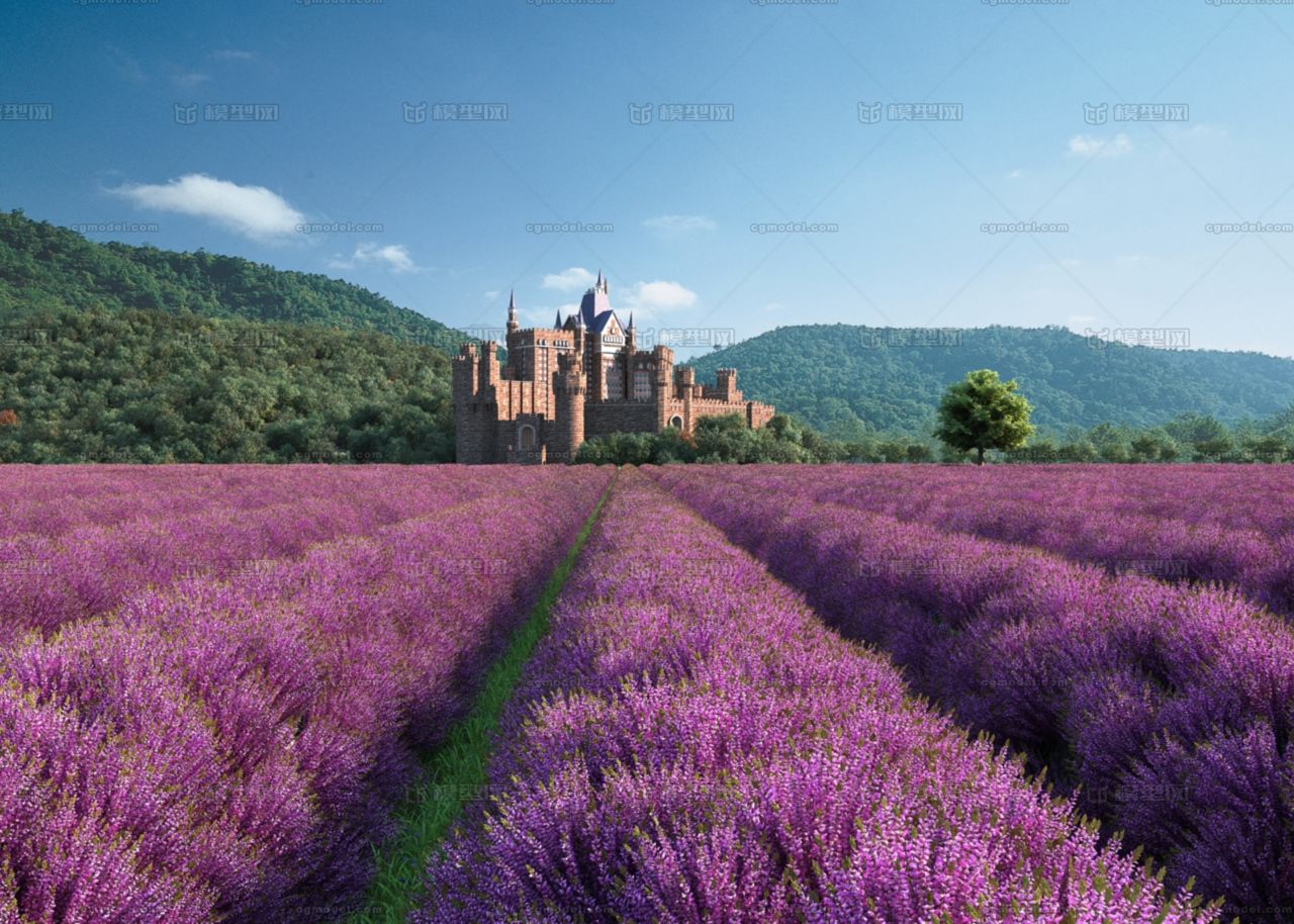 寫實薰衣草莊園古堡完整場景,歐式古堡,莊園農場,山林,山腳下