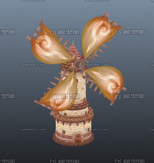 q版卡通手绘大风车哨塔