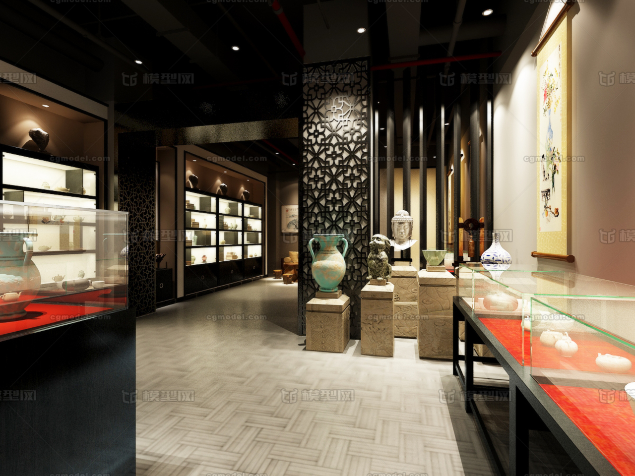 中式文玩古董店博物馆藏品珍品文物瓷器展厅设计古玩店中式展厅3模型-现代场景模型库-3ds Max(.max)模型下载-cg模型网