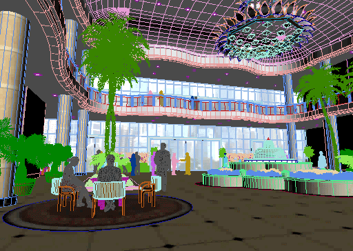 酒店大堂写实建筑动画完整场景,大厅喷泉,室内植物,棕榈树,绿化带