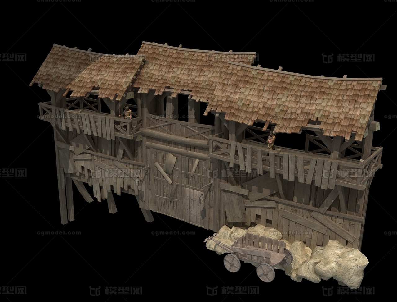 起义军山寨木制城门牌楼,山寨门外,哨塔_wangdacui作品_场景古代场景