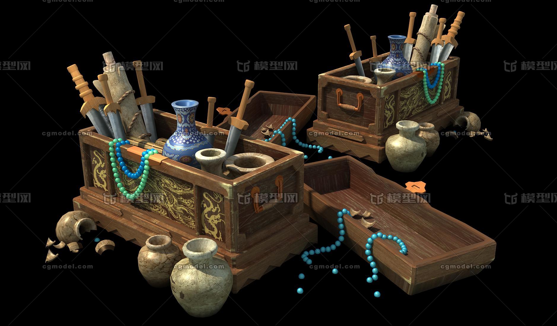 古代逼真写实的宝剑宝箱珠宝瓶瓶罐罐宝藏珍珠