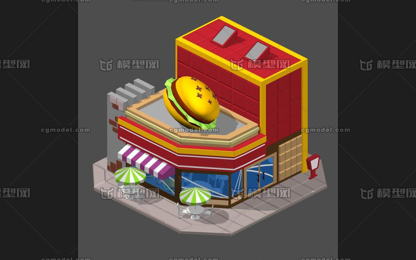 风格q版可爱的建筑 商铺店铺 食店 汉堡包 麦当劳 肯德基 快餐店 商城