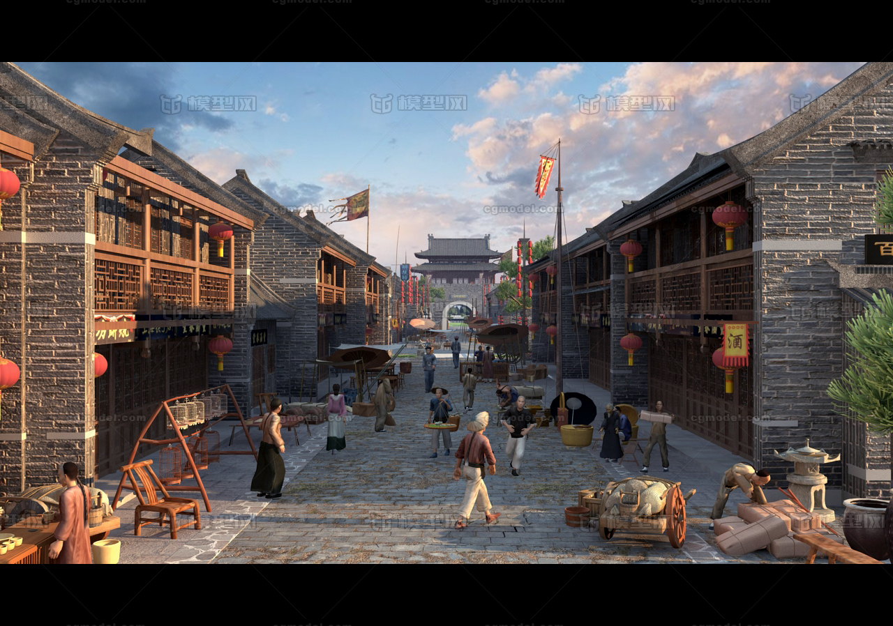 写实古城古代商业街动画场景 古建筑模型-古代场景模型库-3ds Max(.max)模型下载-cg模型网