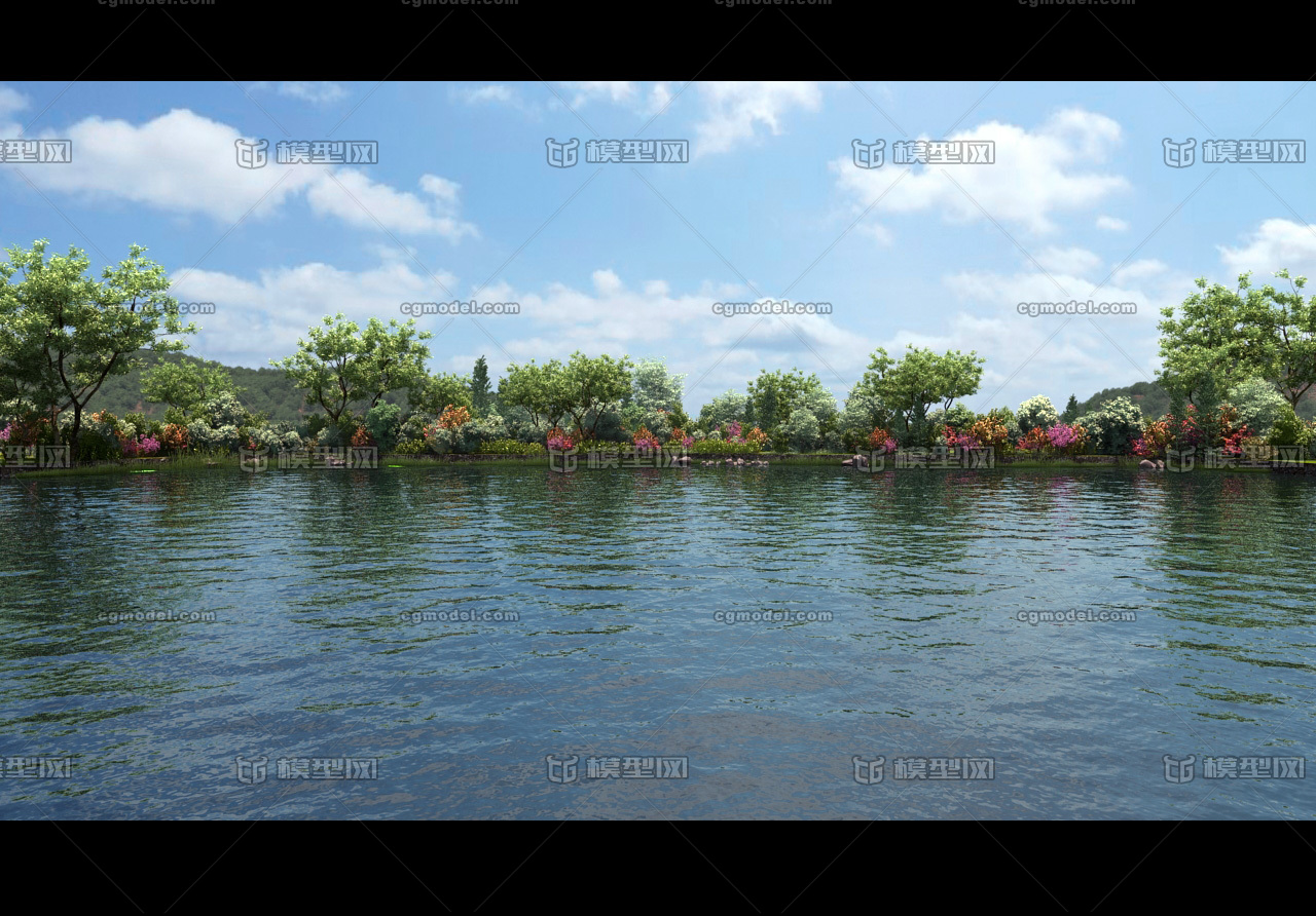 写实水边河岸自然植物景观水面动画场景,水_渲图作品_场景自然场景_cg