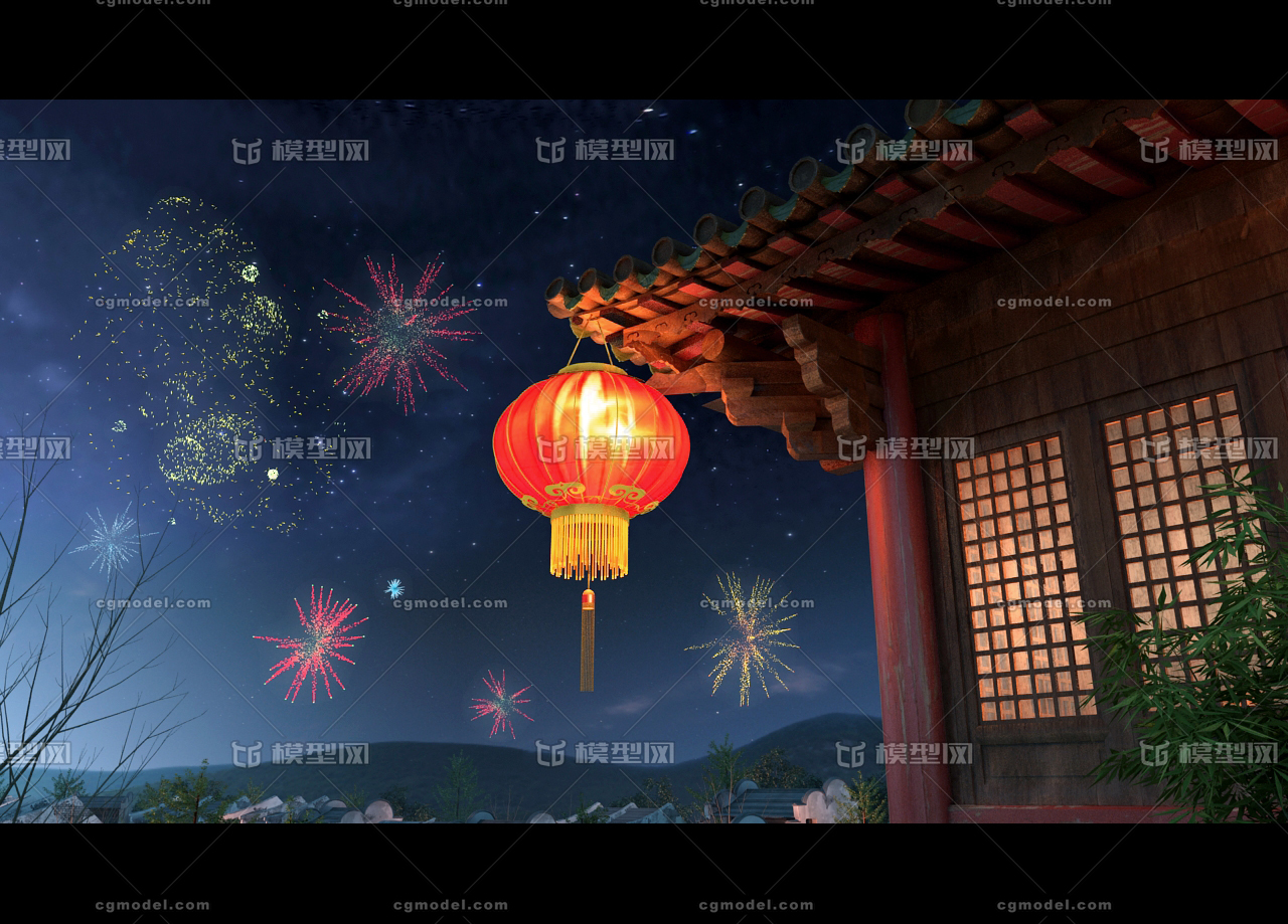 写实灯笼礼花新年古代建筑夜景动画场景,古建筑,灯笼,新年,礼花动画