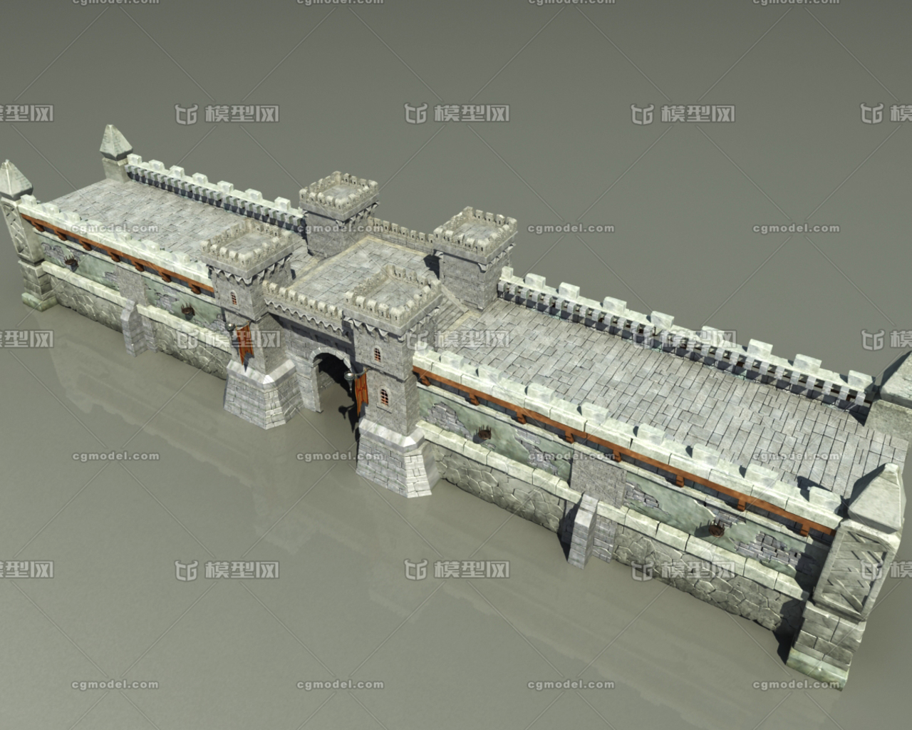 西方城门城墙城池城楼古堡堡垒防御墙模型-古代场景模型库-3ds Max(.max)模型下载-cg模型网