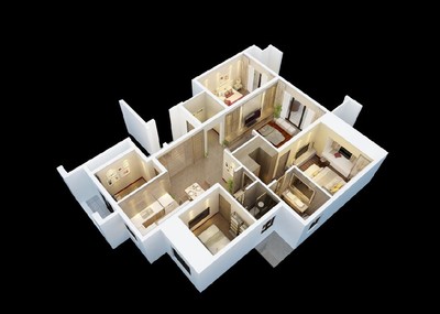 室内户型图,轴测图360旋转,俯瞰室内户型,住宅室内户型鸟瞰客厅,厨房