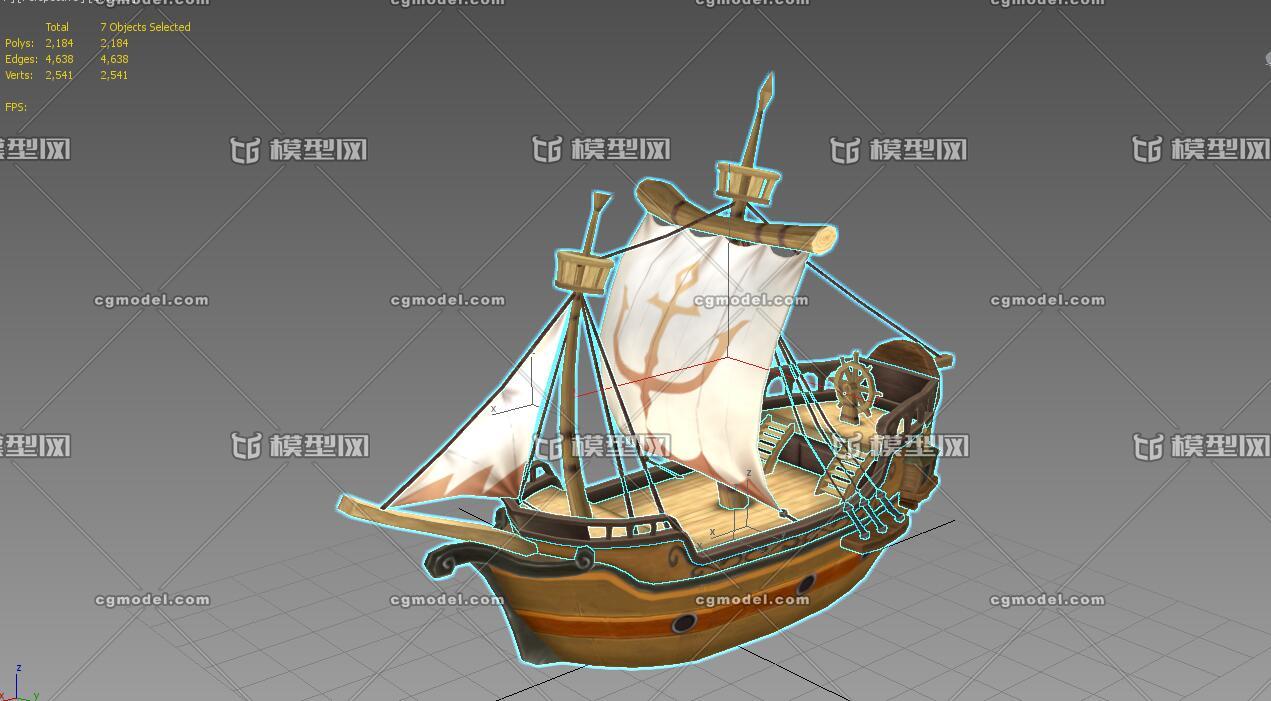 一艘精致的小海盗船低模手绘