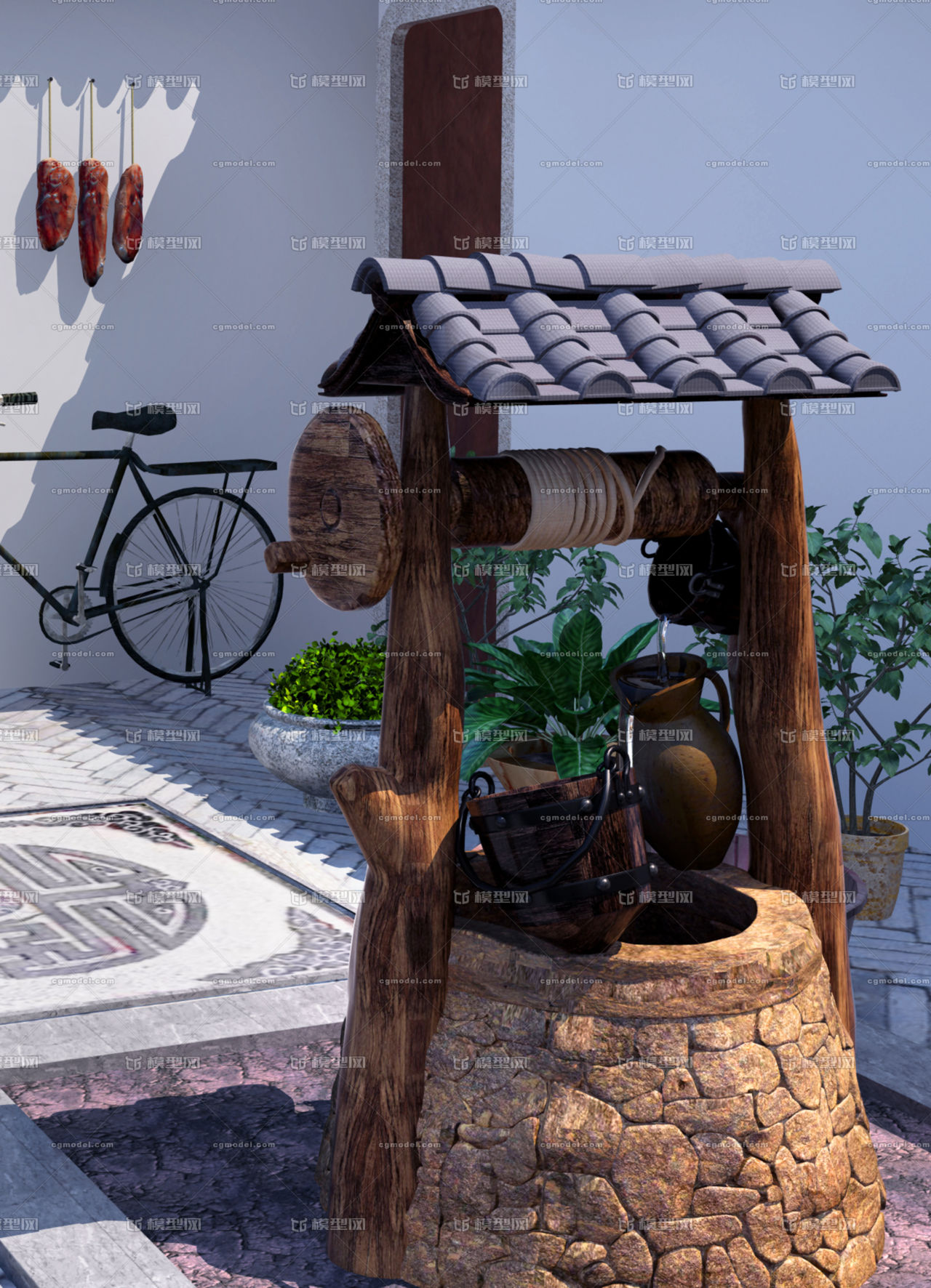 庭院,小院,古井