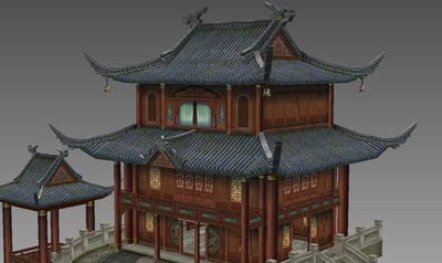 中國風武俠仙俠_古建築_低模手繪_手遊場景模型_古風建築二層閣樓