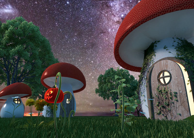 卡通蘑菇屋动画场景,夜景,蘑菇屋,卡通,影视动画,花草,植物,树,南瓜头