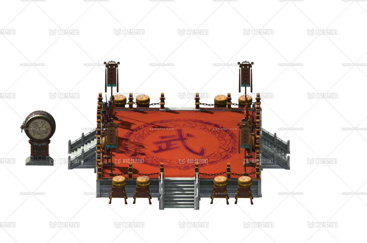 写实,高清比武擂台,武器架,战鼓,铜锣,旗帜等