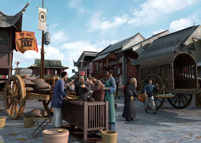 写实古代集市动画场景,集市,古代,古人,美女,古装,马车,老人,古镇,古