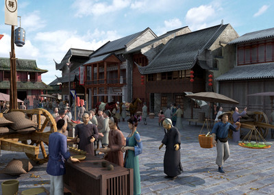 写实古代集市动画场景,集市,古代,古人,美女,古装,马车,老人,古镇,古