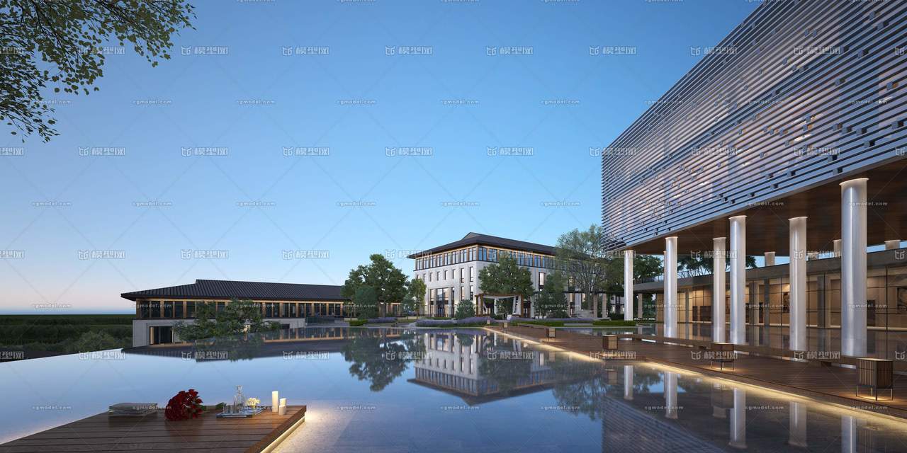 新中式建筑,现代中式建筑,新中式酒店,现代会议中心,水面现代建筑