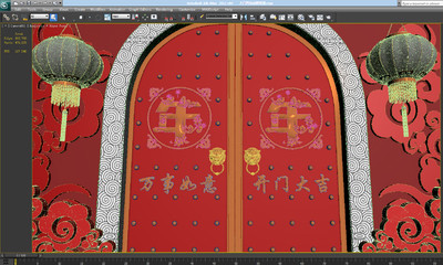 写实大门开启动画场景,古代门,虎头门环,鎏金字,吉祥图案,新年,灯笼