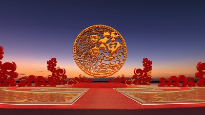 写实大门开启动画场景,古代门,虎头门环,鎏金字,吉祥图案,新年,灯笼