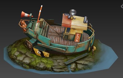 一个搁浅的铁船手绘写实风格