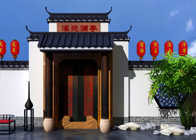 中式院墙门头灯笼大门竹子