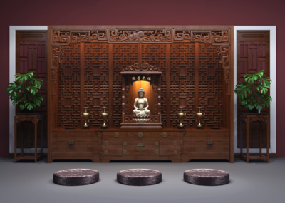 中式佛堂背景墙佛龛跪垫佛像花架