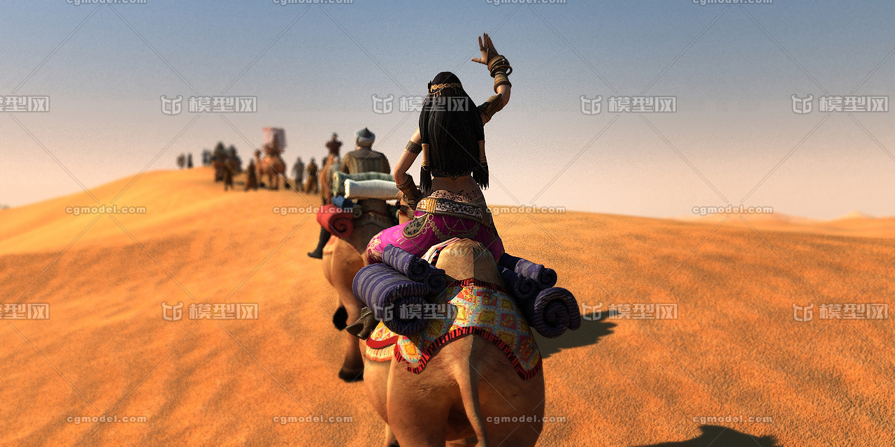 沙漠旅人动画商队 西域骆驼天竺少女 古印度丝绸之路 荒漠地形绿洲