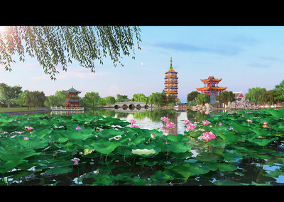 写实湖面荷花 古建 古城 荷花池 莲花 _cow123boy作品_场景古代场景