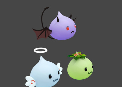 三只 可爱 卡通 史莱姆 精灵 天使 恶魔 怪物 宠物