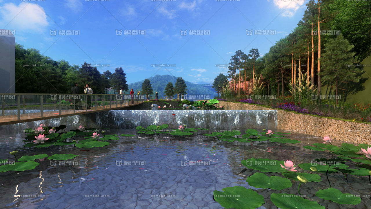 疊水 水池 流水 水景 景觀 跌水 微小瀑布 荷花 游魚 公園 山上景觀