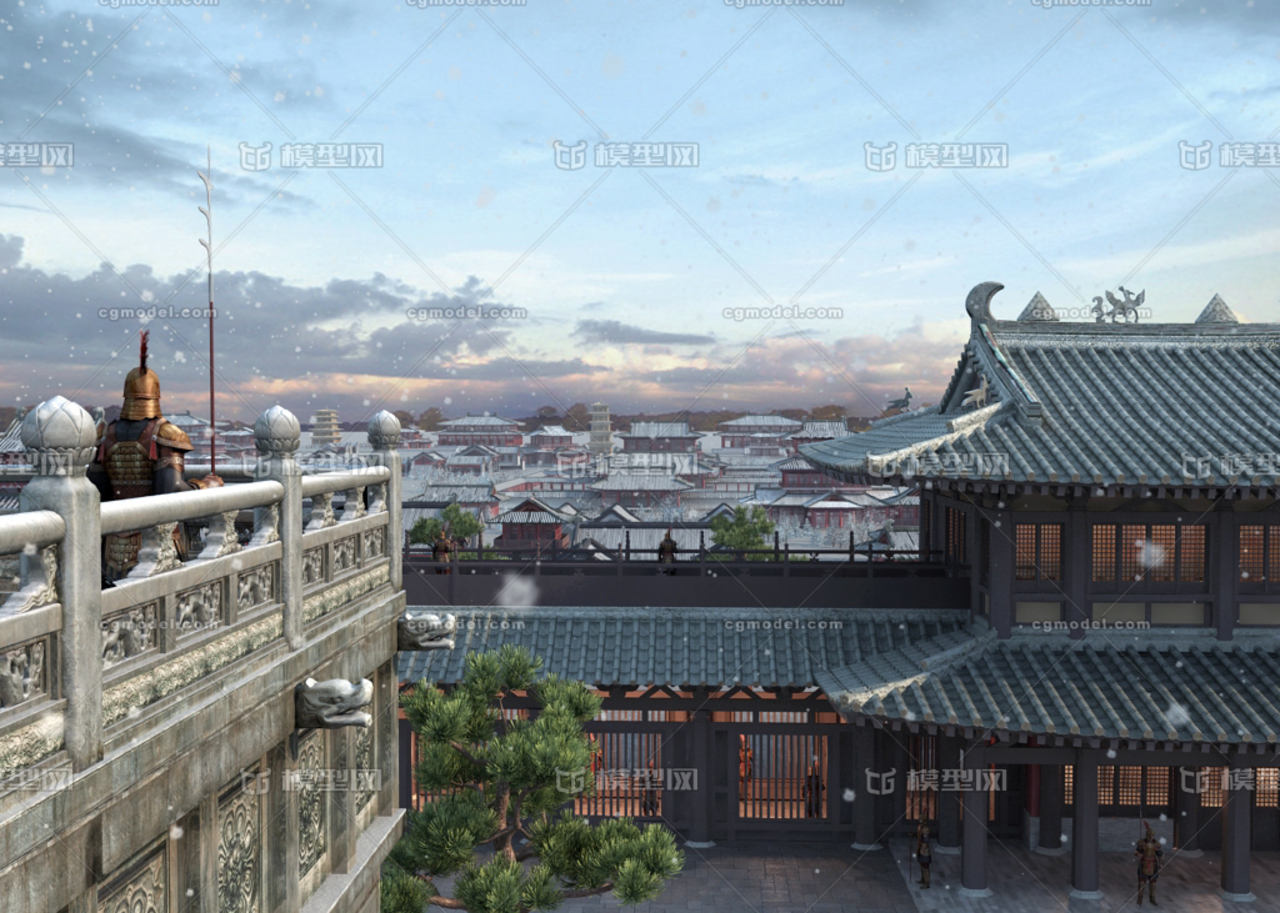 写实古城场景,古代,古城,古建筑,雪景,士,围栏,汉白玉栏杆,古代建筑