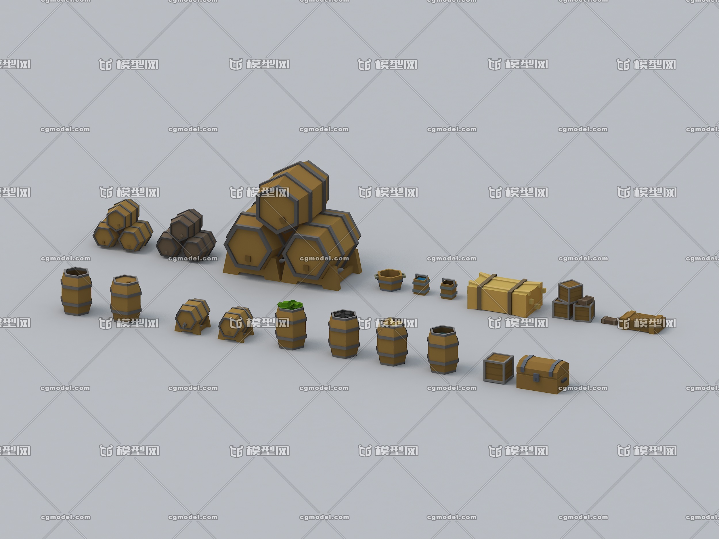 手繪卡通 lowpoly 低多邊形木桶 木箱 水桶 酒桶 寶箱 貨箱 雜貨店