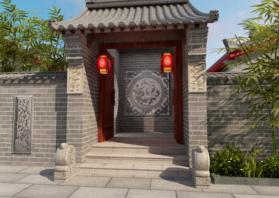 写实古代大门场景,古建筑,宅院建筑,院墙,植物,大门打开,开门,max模型
