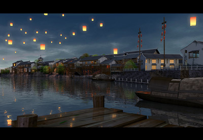 写实水乡夜景场景,水乡,江南,孔明灯,夜_渲染mm作品_场景古代场景_cg