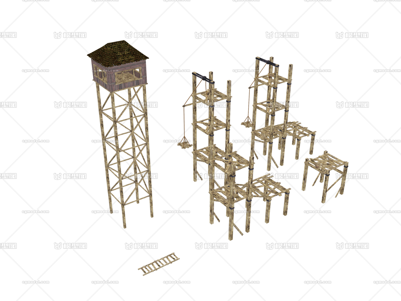 手绘哨塔低模 瞭望塔 塔楼 排山 装修架子 滑轮 高台 楼台 古代木板桥