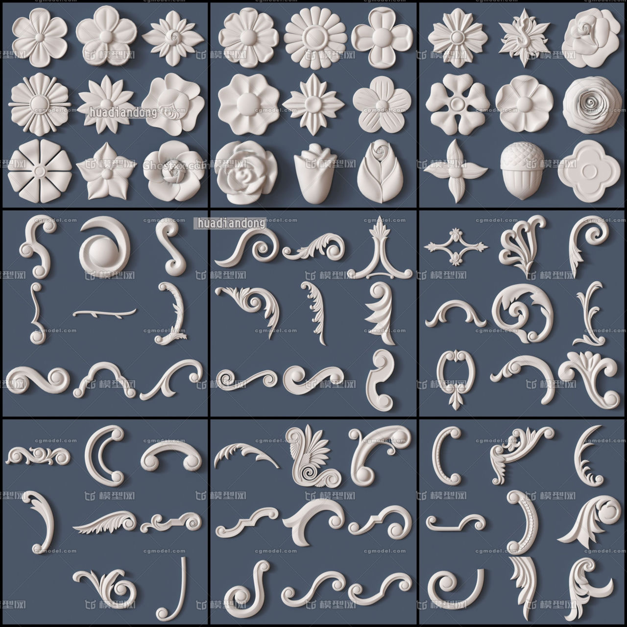 欧式雕花构件模型 简欧精致三维花纹模型素材 地面墙壁花纹中式古代