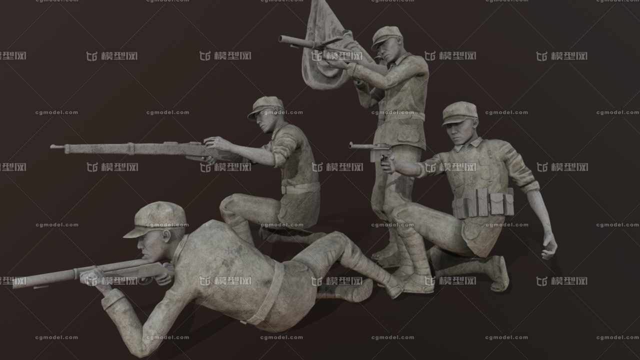 精细 两组 红军 八路军 石像 雕像 行_飞灰作品_人物男人_cg模型网