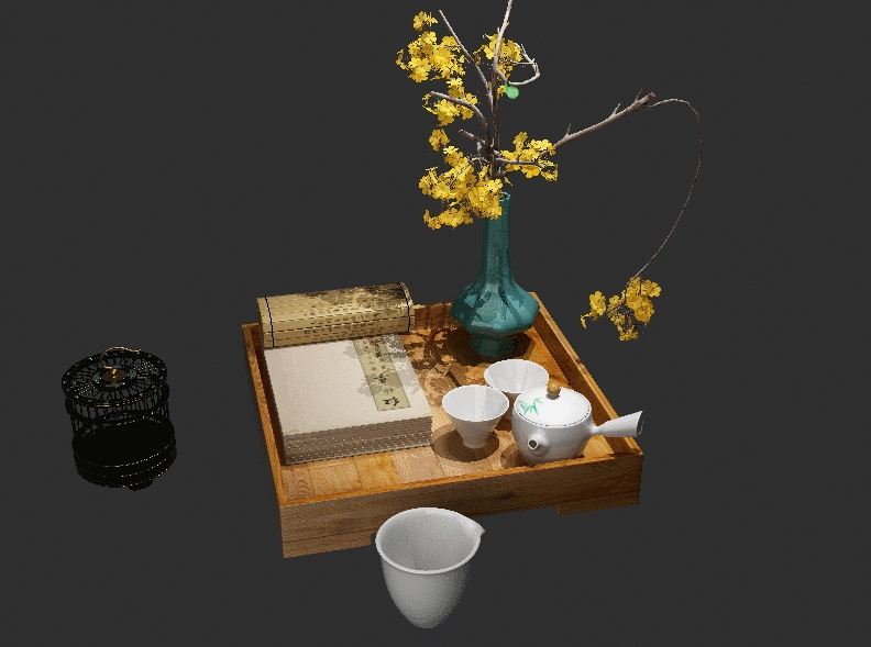 中式茶具摆件花瓶竹简红楼梦鸟笼