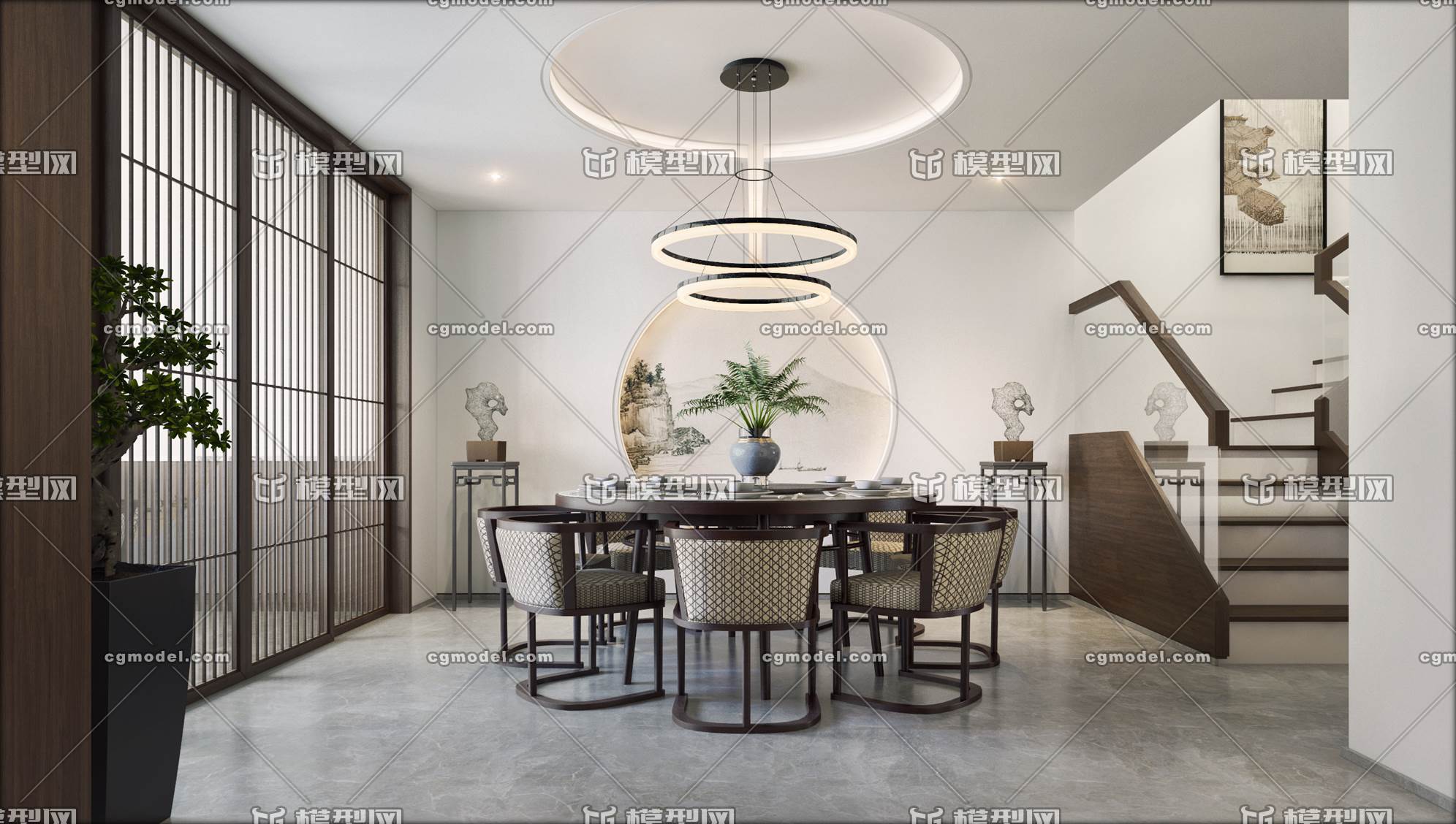 新中式 餐厅模型-餐厅模型库-3ds Max(.max)模型下载-cg模型网