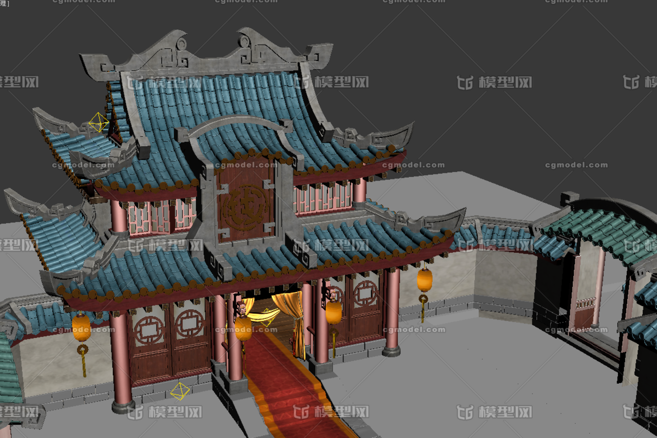 精致建筑钱庄 古代钱庄场景 古代房子 灯笼 花草 门窗