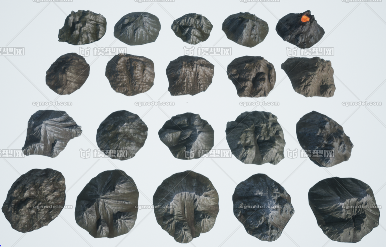 次世代石山场景,由20种形状不同的岩石组成,包含雪景贴图,各种石头