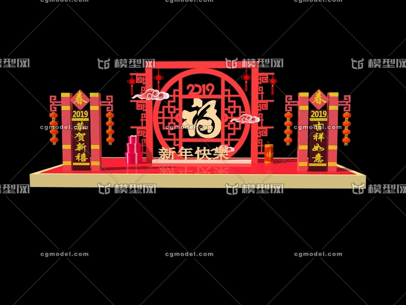 大红灯笼 民俗美陈 鞭炮 新年礼物 写实新年春节片头美陈场景