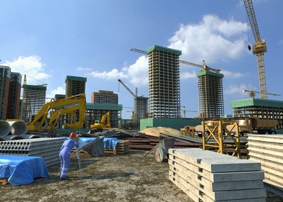 写实建筑工地动画场景,工地,施工现场,建筑动画,塔吊,卡车,挖沟机,max