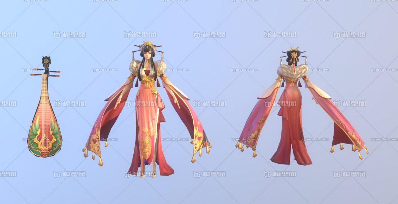 次世代古代人物古代女子花魁皇宫舞女红衣美女妃子艺妓风尘女子歌 姬琵琶带法线 Cg模型网 Cgmodel 三维设计师交流互动平台 专注多品类3d模型下载 原创作品分享 软件学习