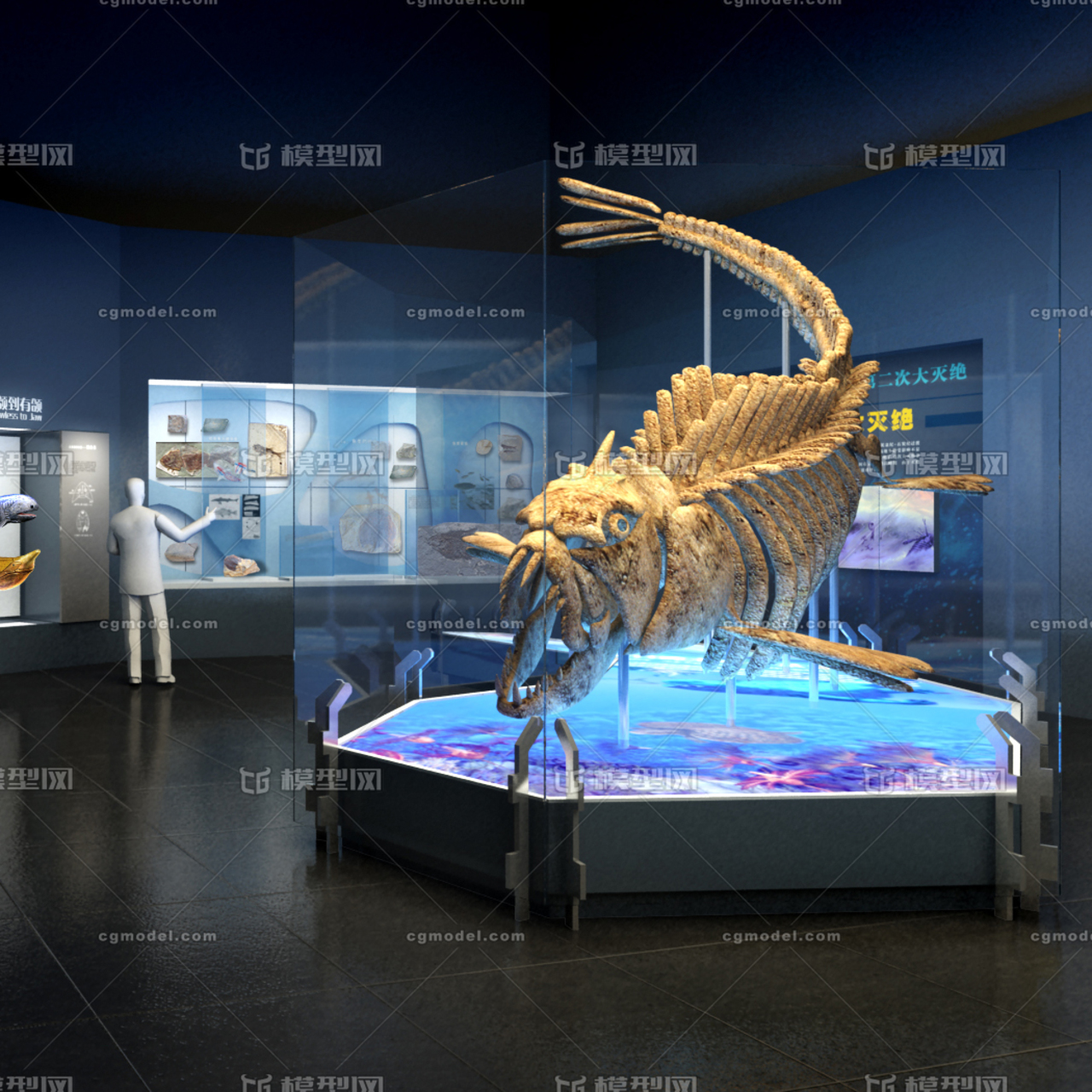 古鱼骨架 盾皮鱼 邓氏鱼 博物馆 效果图专用 泥盆纪 仅骨架模型