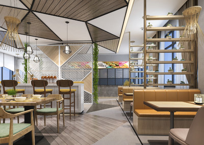 现代餐厅  简约时尚餐厅  自助餐厅  取餐台  餐桌  绿植背景墙