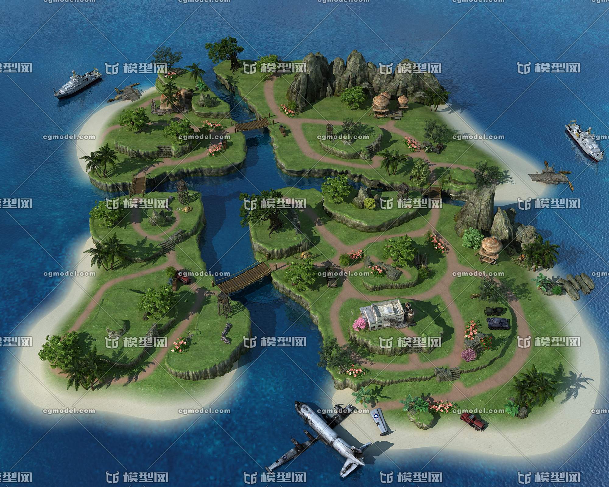 海岛的场景模型 游戏地图 破碎的飞机  船 山体 石头 悬崖 木桥
